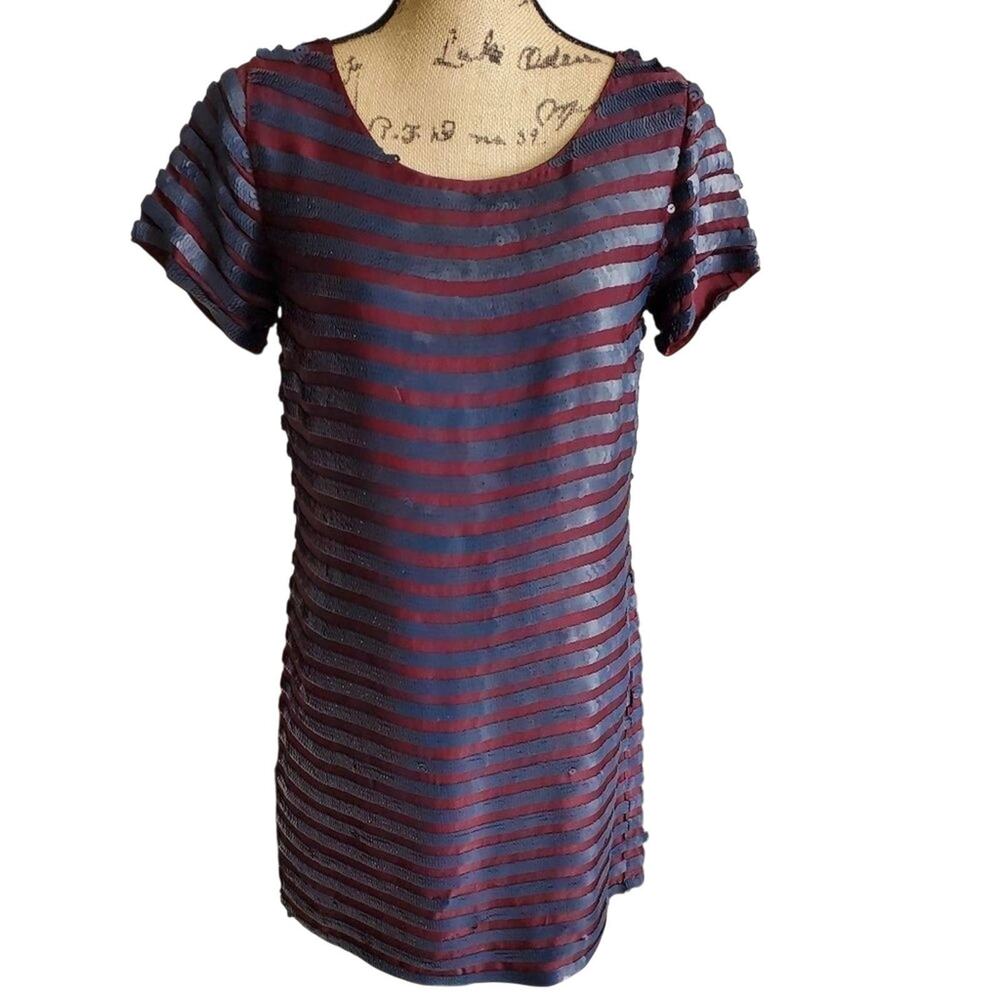 French connection Sequin Striped Burgundy Blue Dress Cocktail‎ Party Club Small